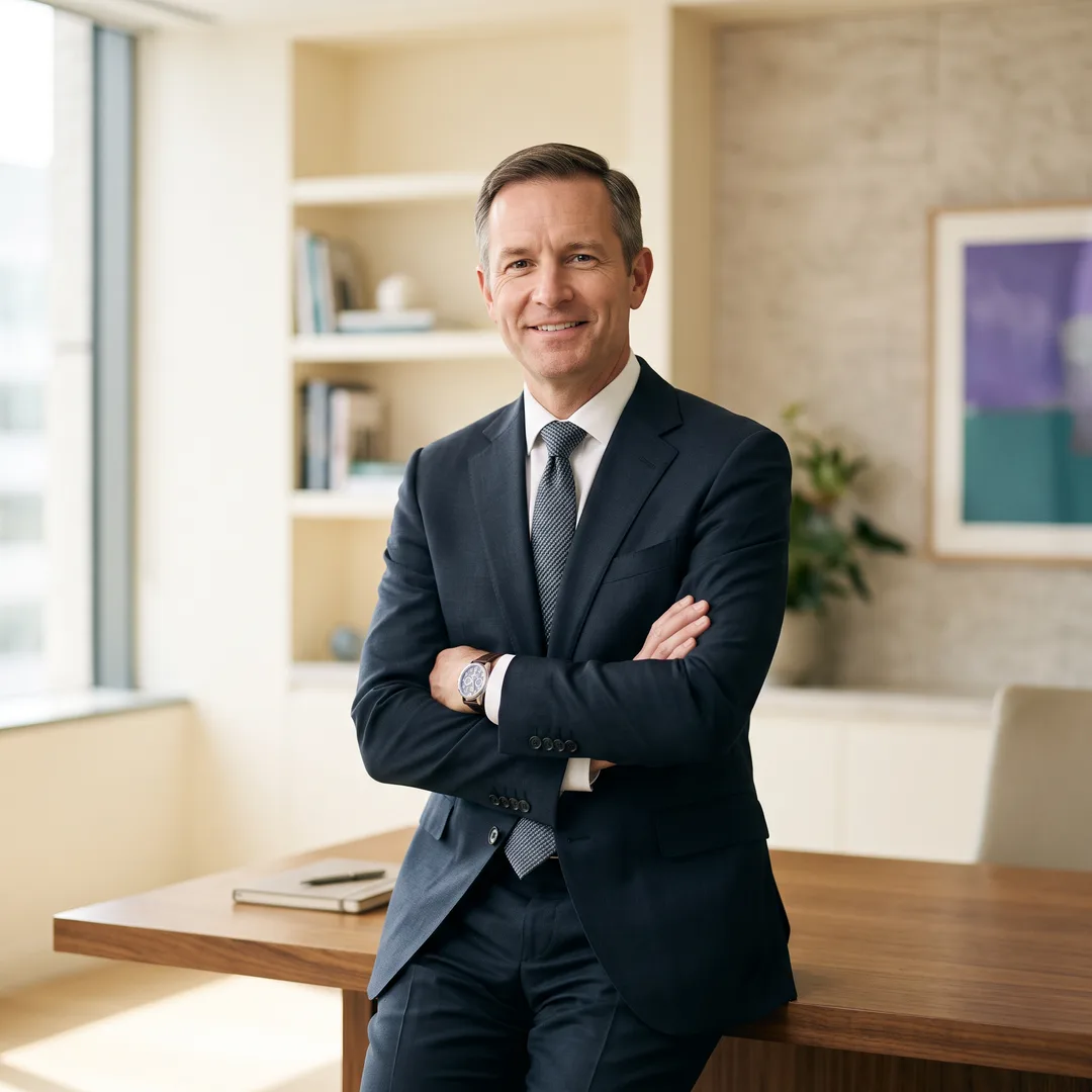 A confident advisor in a suit leaning on a desk — steady and reassuring
